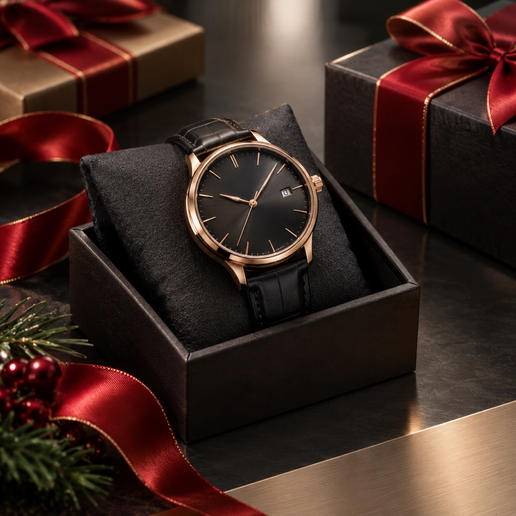 Premium product advertisement scene with dramatic lighting and gift boxes