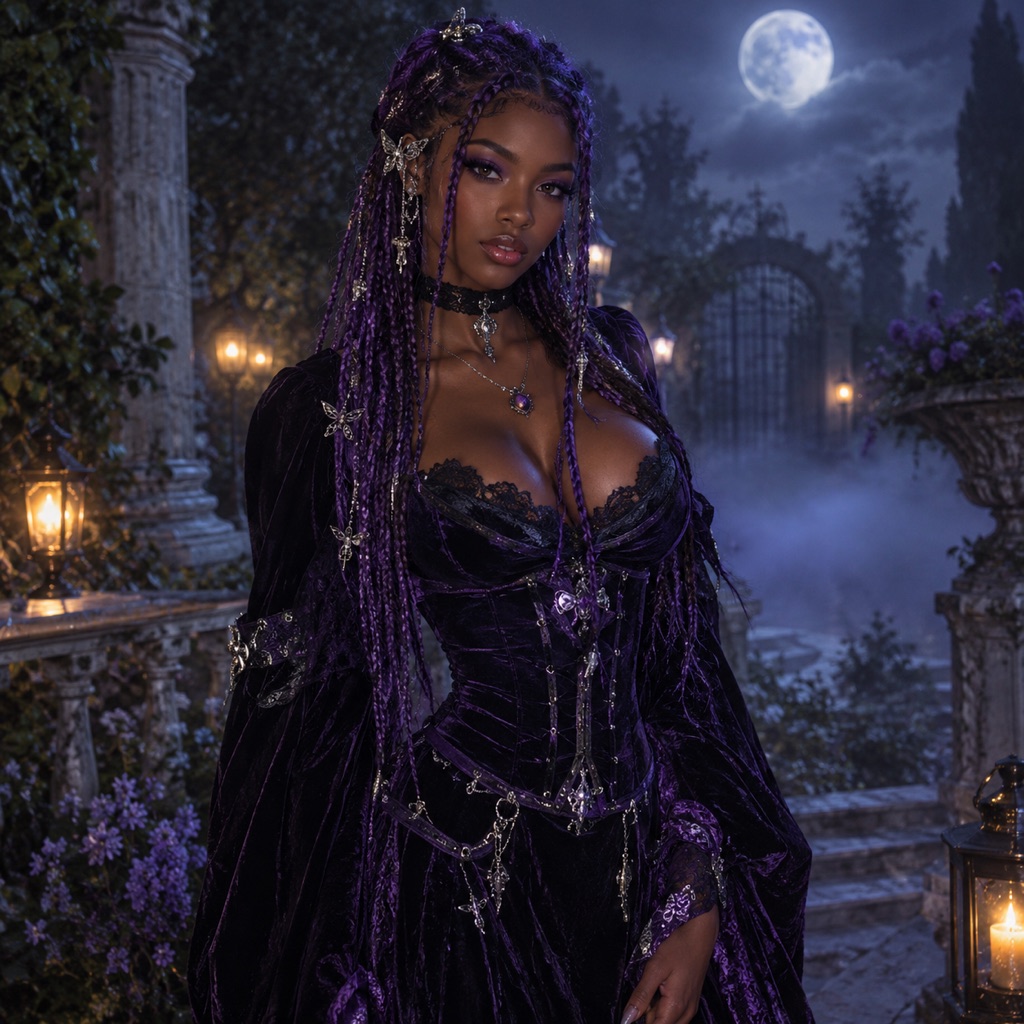 Photorealistic Halloween portrait with long violet braids and a black velvet gothic outfit in a moonlit garden