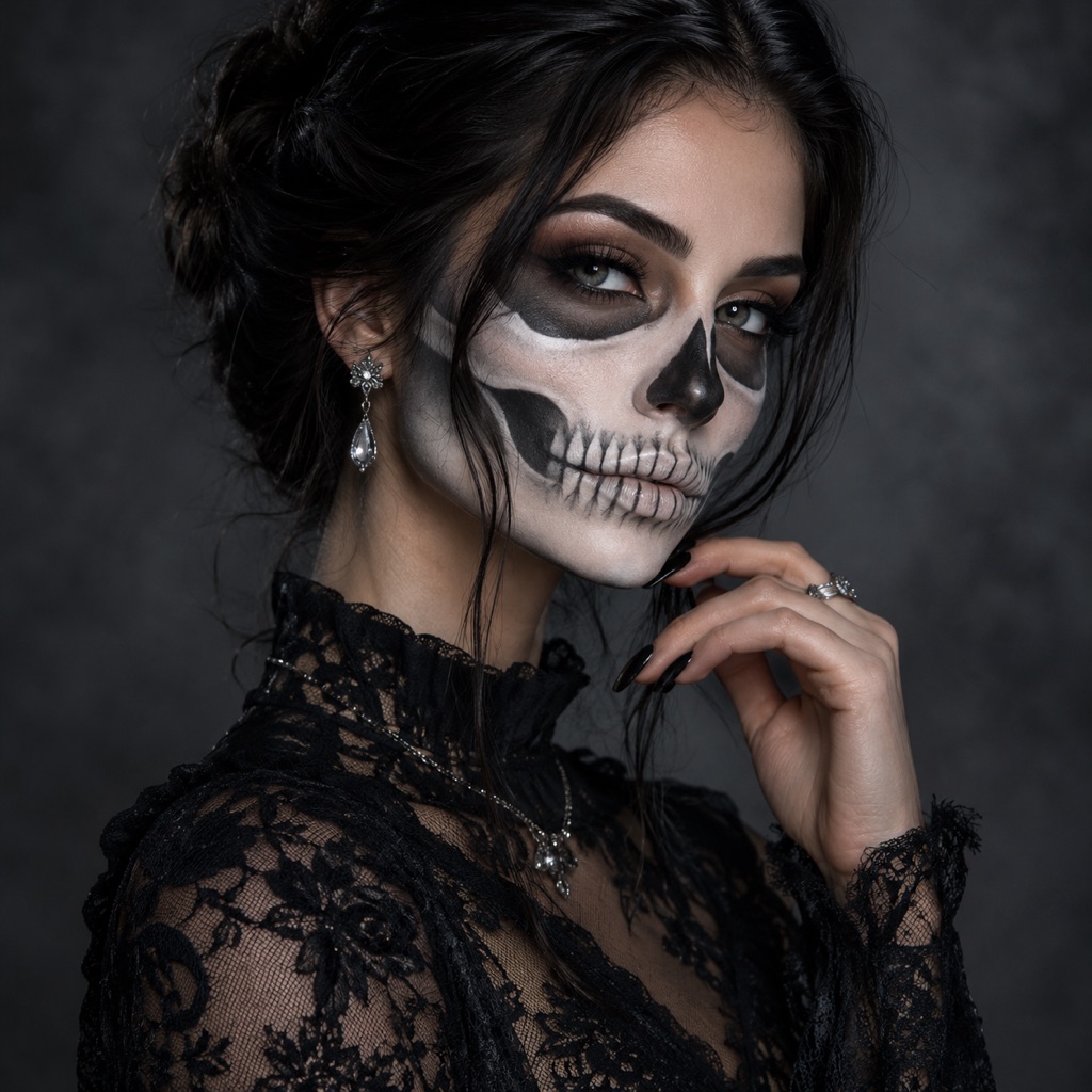 Editorial Halloween beauty portrait with elegant skeleton makeup, black lace clothing, and dramatic studio lighting