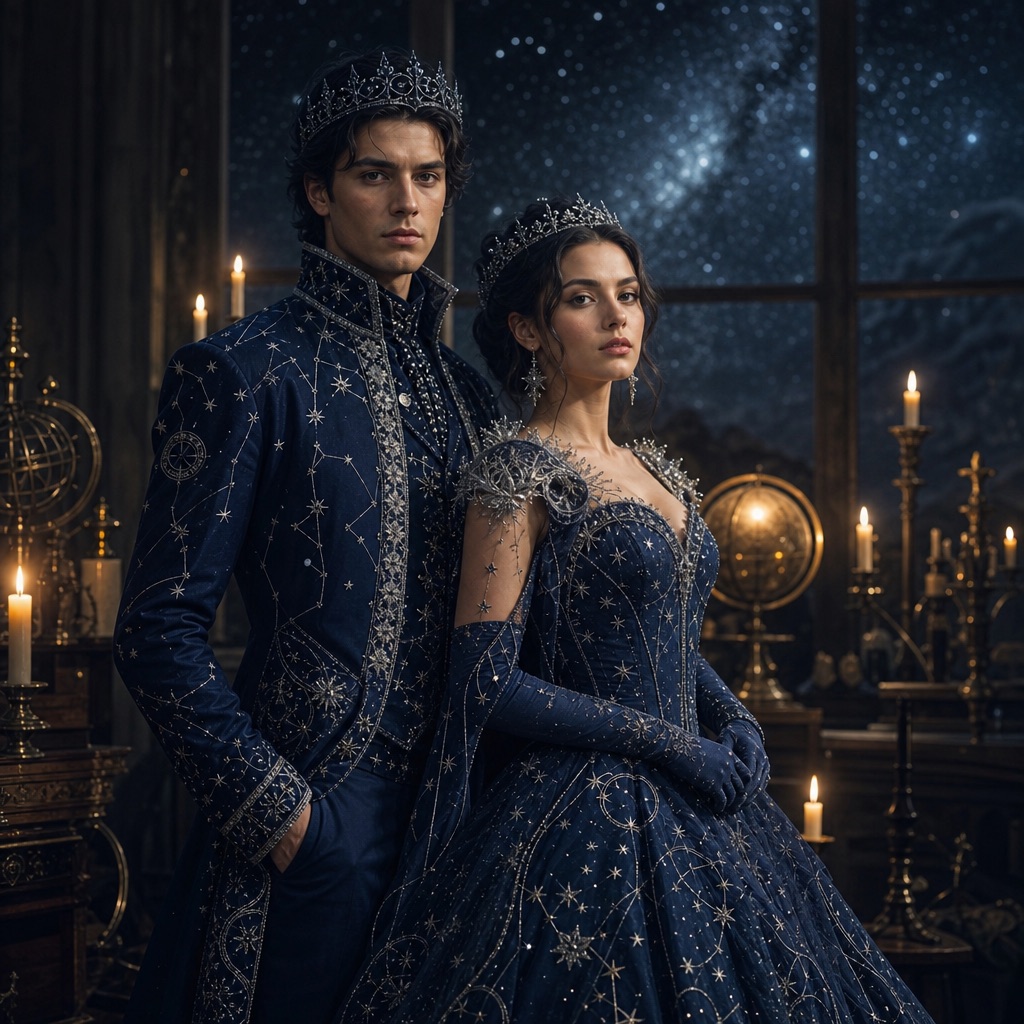 Couple in matching midnight-blue cosmic royal Halloween outfits with silver crowns