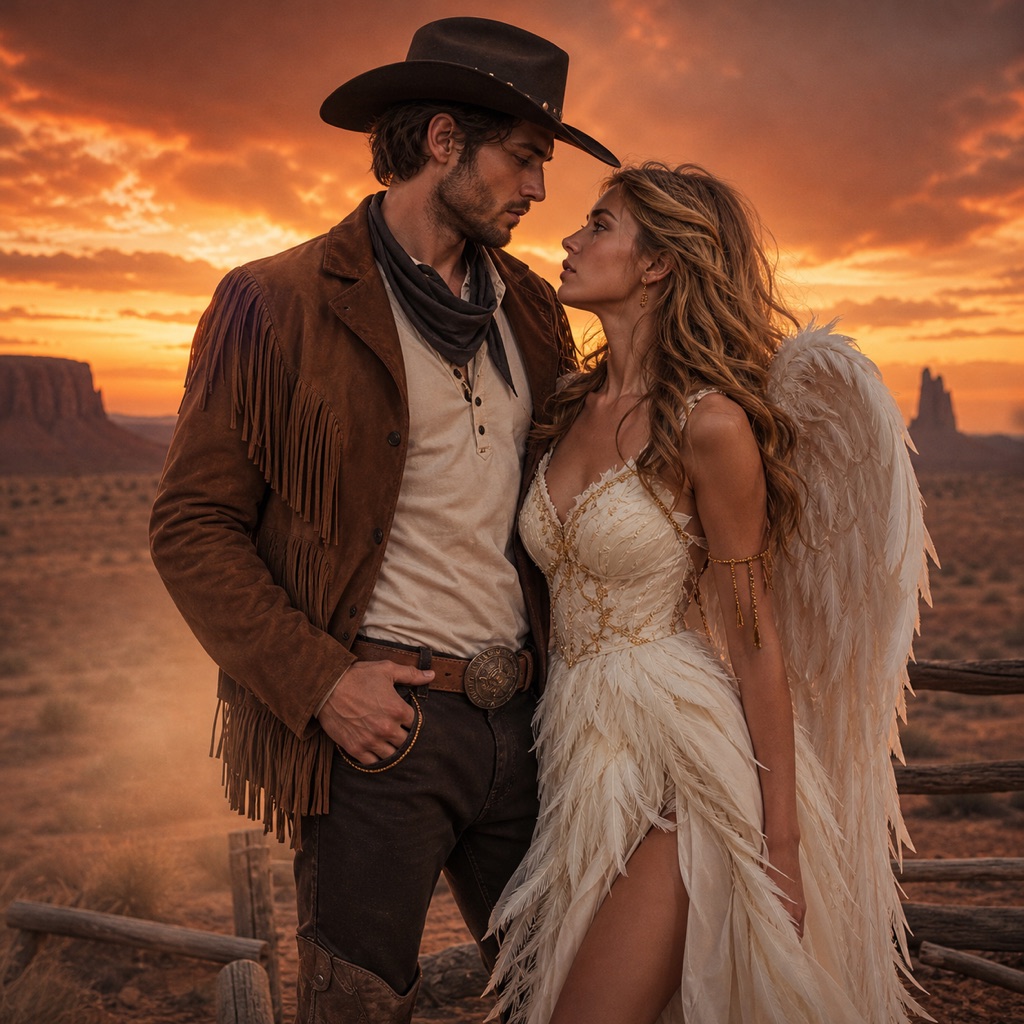 Couple in coordinated cowboy and angel Halloween costumes standing together under warm desert light