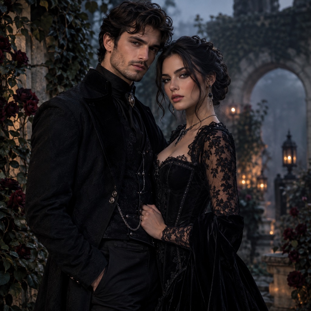 Couple in elegant gothic garden Halloween outfits surrounded by dark roses and soft fog