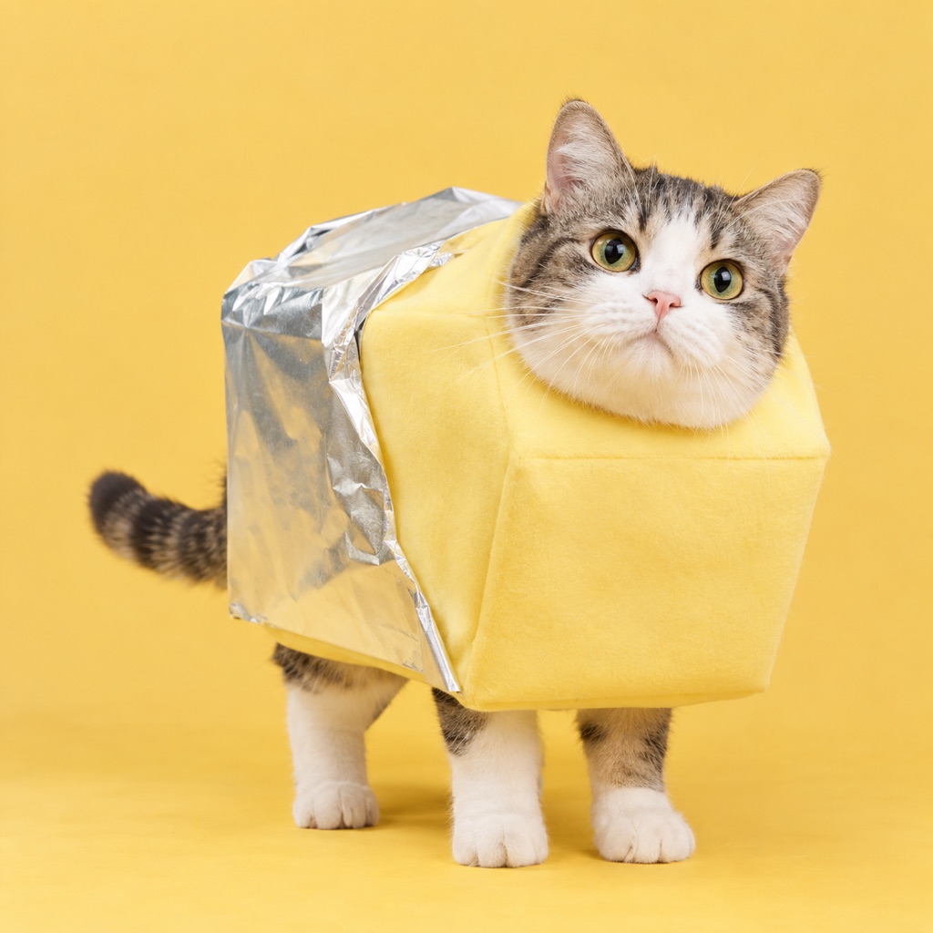 Cat wearing a humorous stick-of-butter Halloween costume in a bright studio