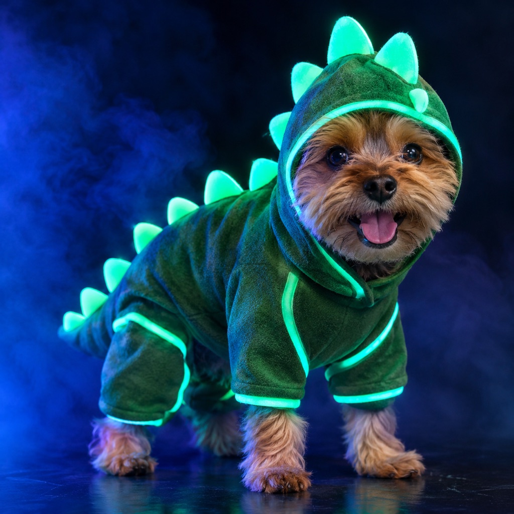 Small dog wearing a glow-in-the-dark dinosaur costume with green neon spines