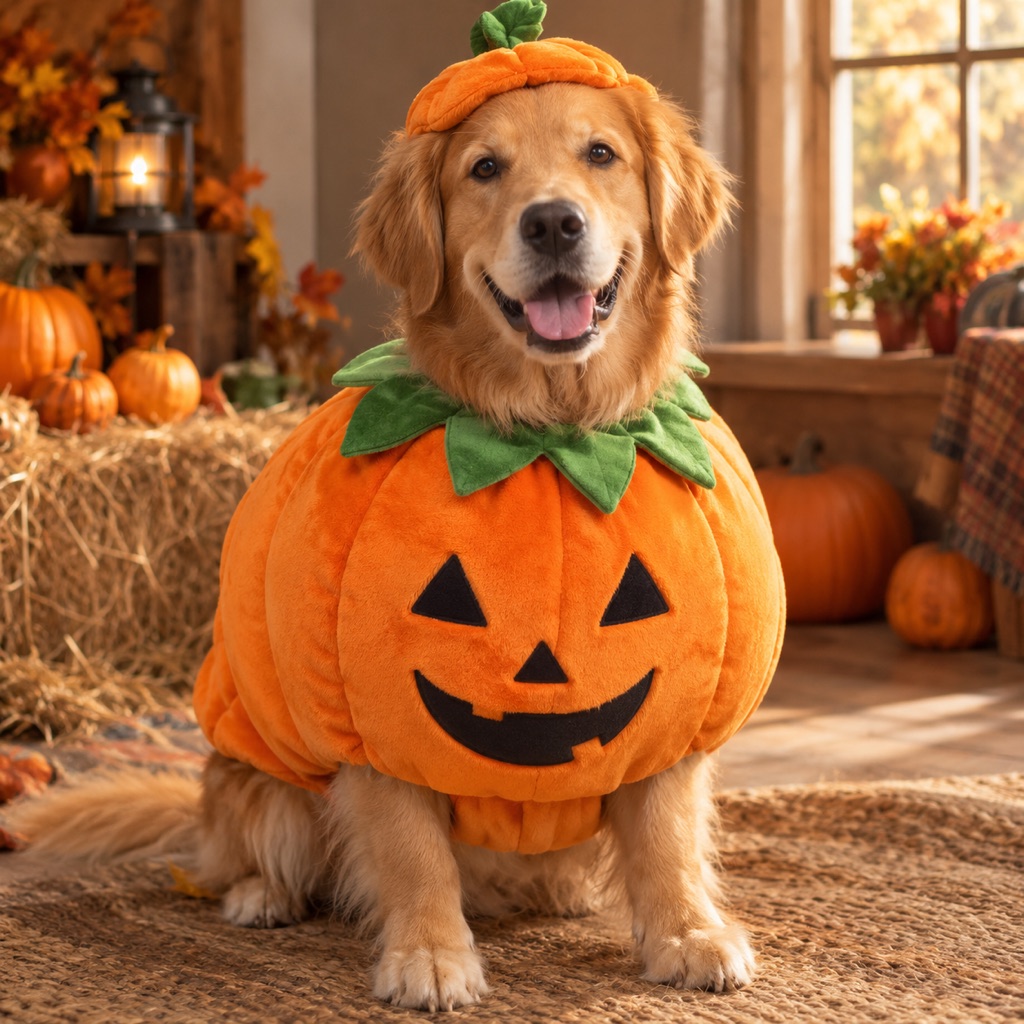 Golden retriever wearing a soft pumpkin Halloween costume with a green leaf collar
