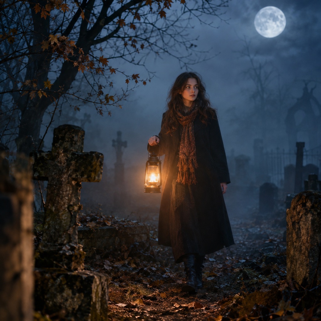 Cinematic Halloween photo edit of a person standing in a foggy graveyard with warm lantern light