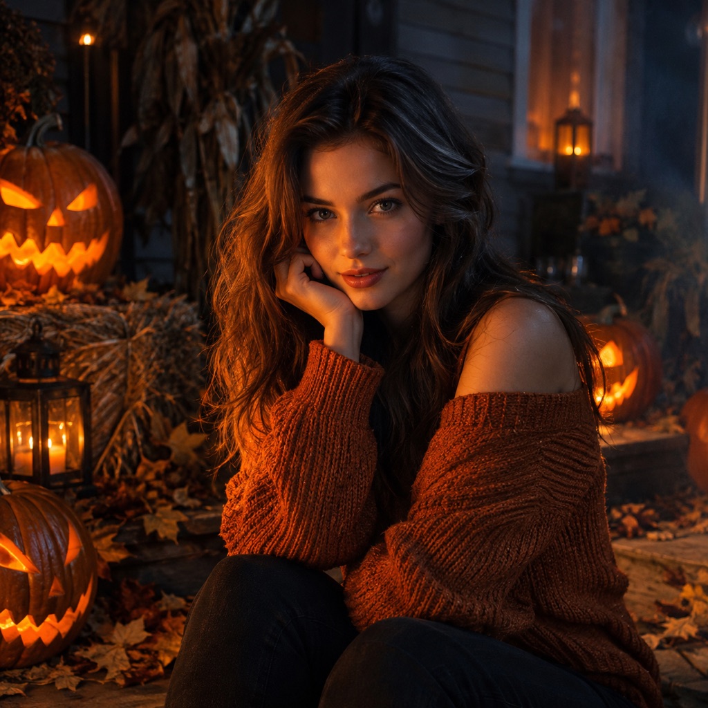 Portrait edited with warm carved pumpkin light on a dark autumn porch