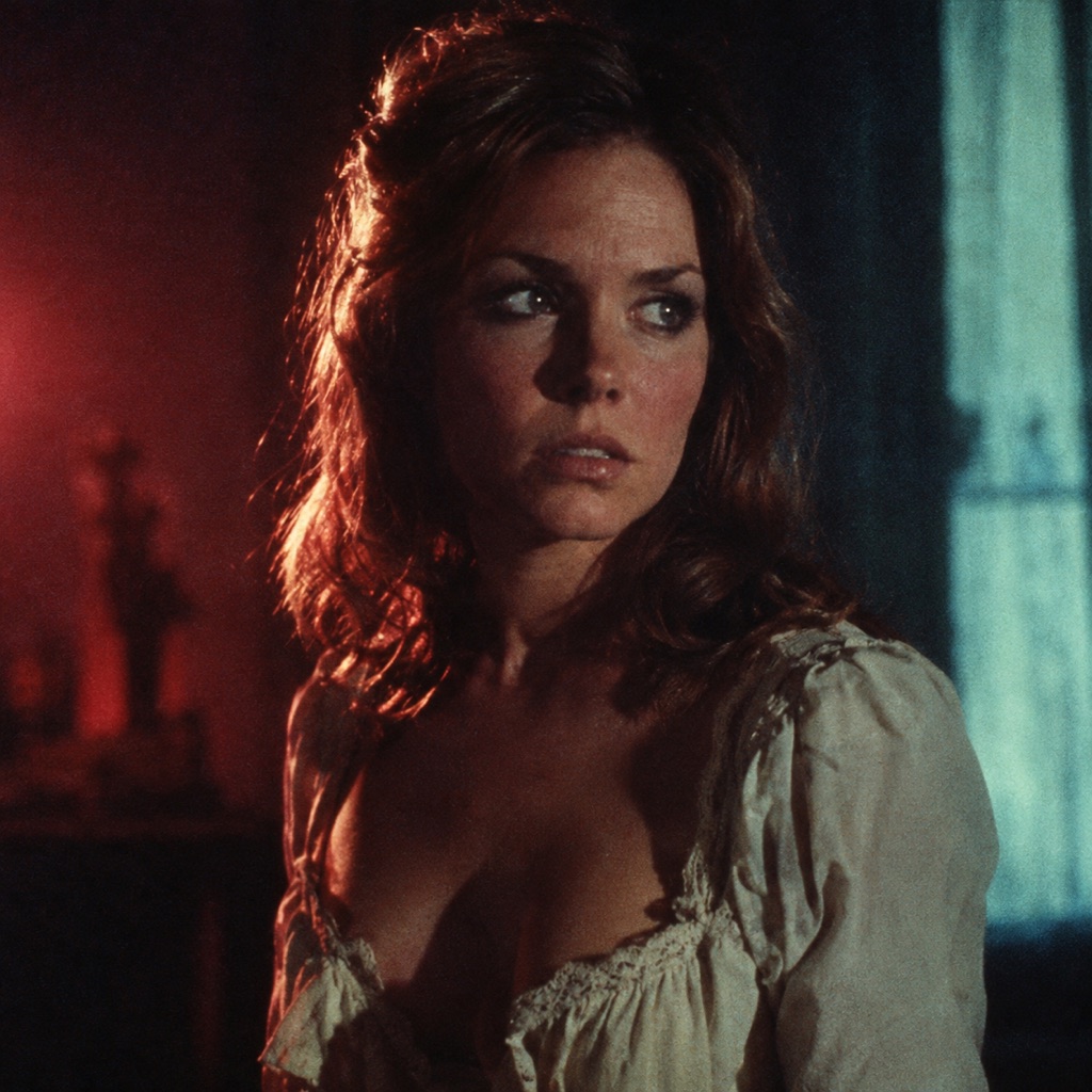Portrait graded like a 1970s horror film still with deep shadows and muted red light