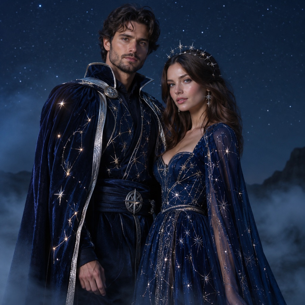 Couple portrait in coordinated celestial Halloween outfits under a glowing constellation sky