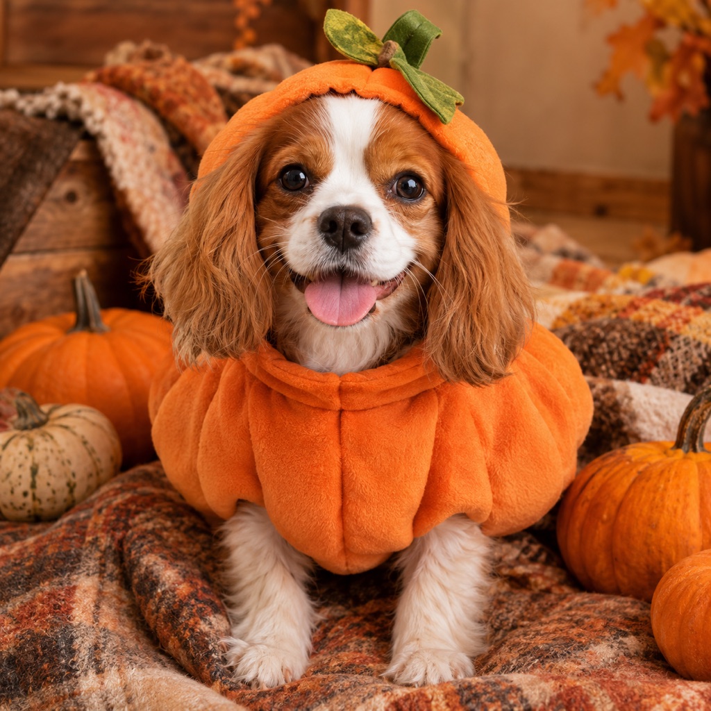 Pet portrait in a soft pumpkin costume with a green leaf collar in a cozy autumn studio