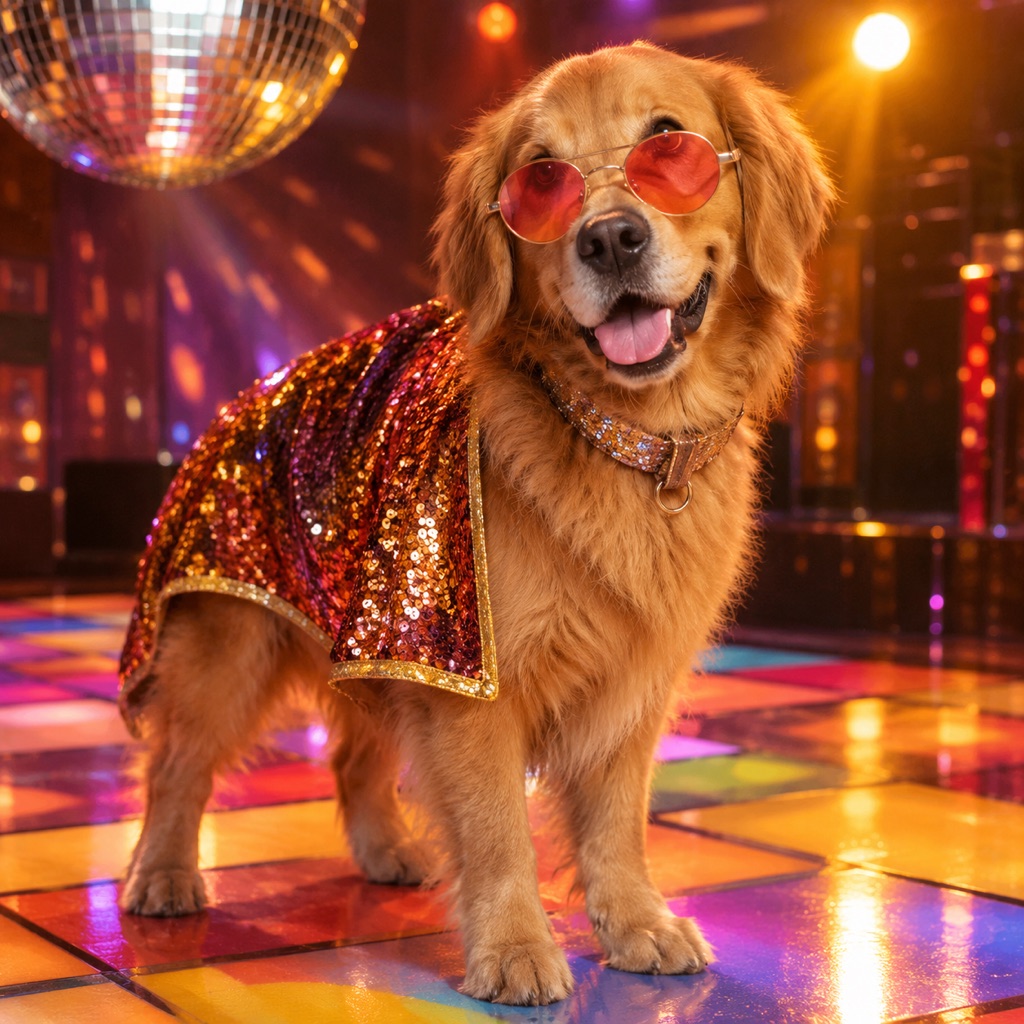 Retro disco dog costume with a glitter collar and colorful dance-floor lighting