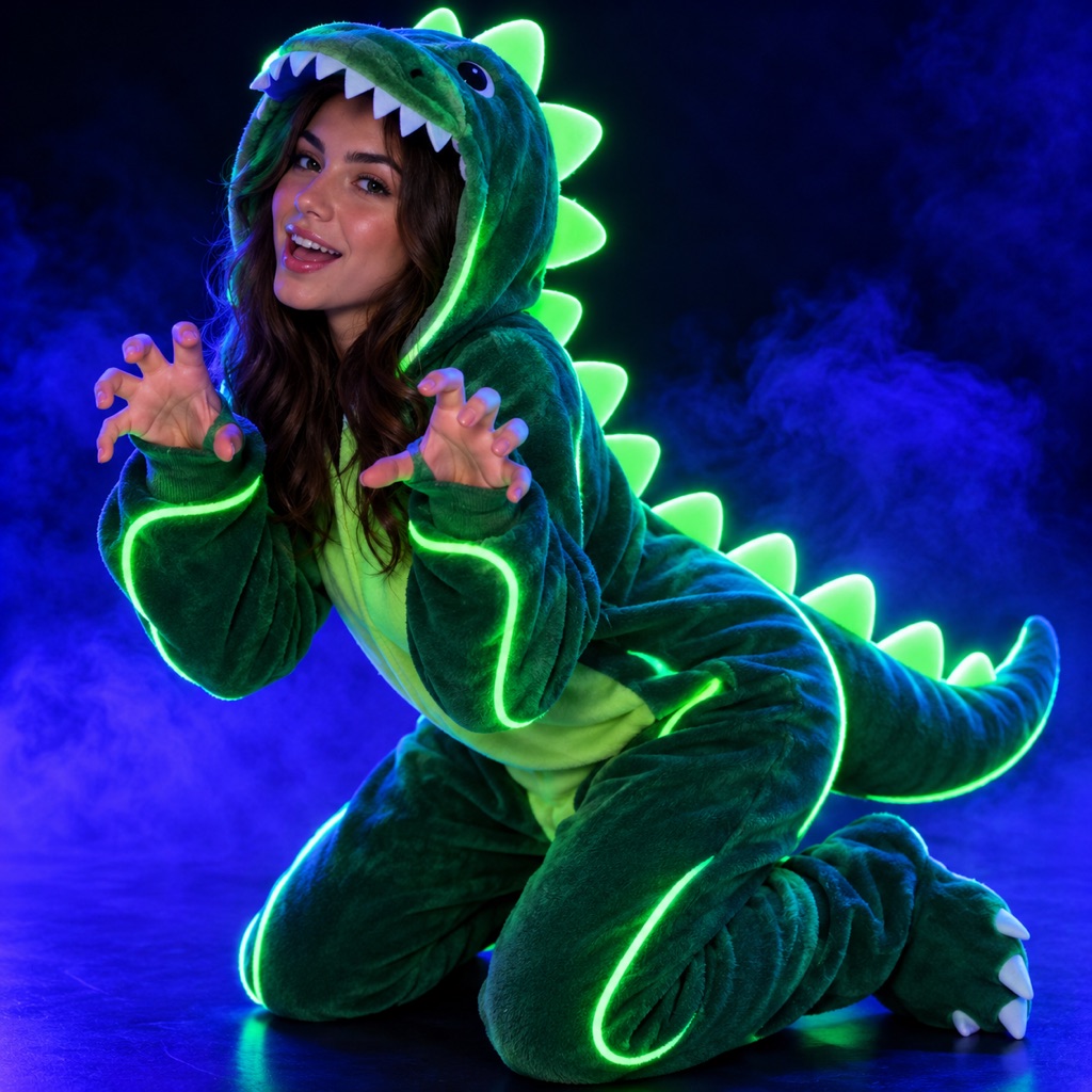 Playful glow-in-the-dark dinosaur costume with green neon accents in a dark studio