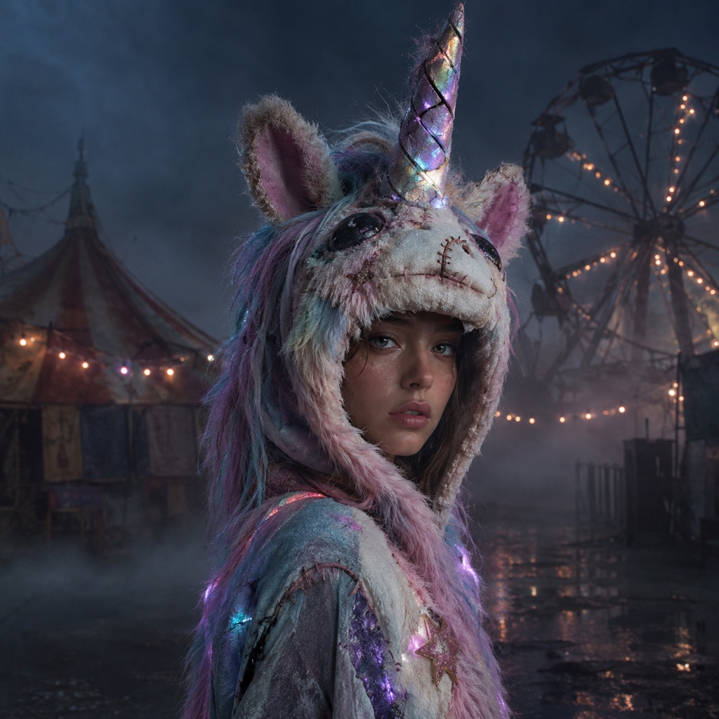 Original haunted unicorn mascot costume with a cracked pastel horn and glowing eyes in a foggy carnival