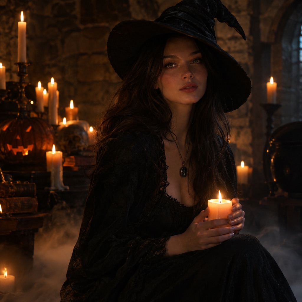 Cinematic Halloween portrait lit by candles, framed as the first frame of a slow head-turn video