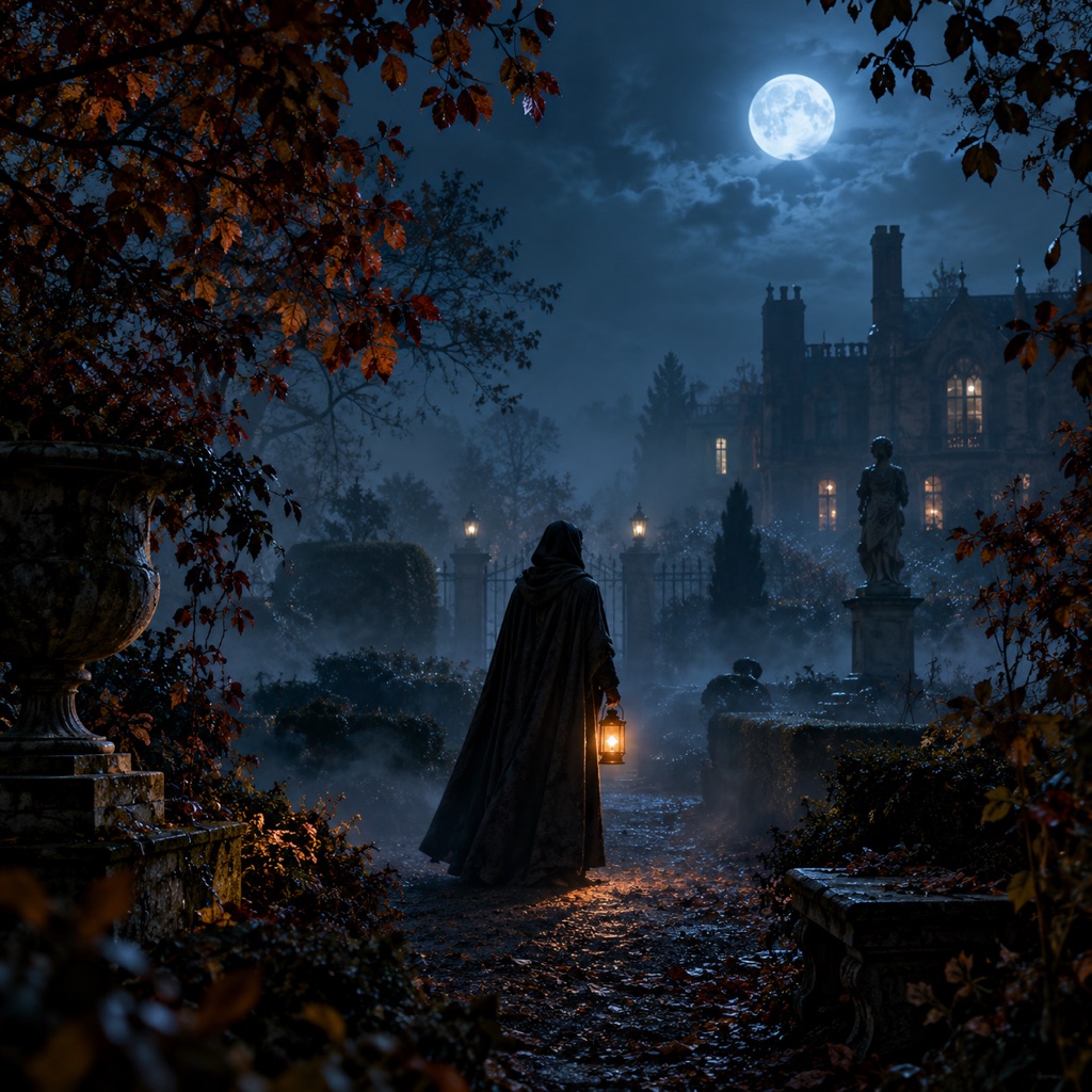Foggy moonlit garden scene used as the first frame of a slow cinematic push-in video