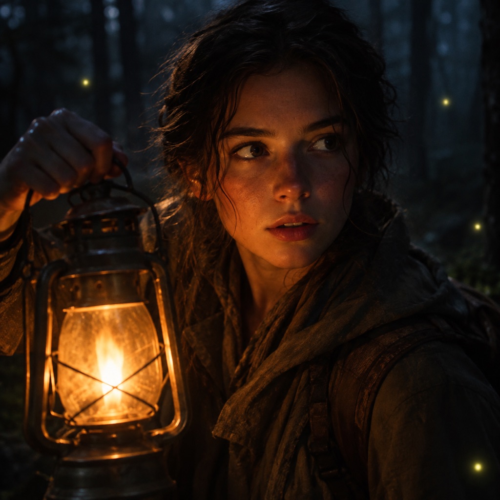 Portrait holding a lantern in a dark forest, used as the first frame of a flickering-light video