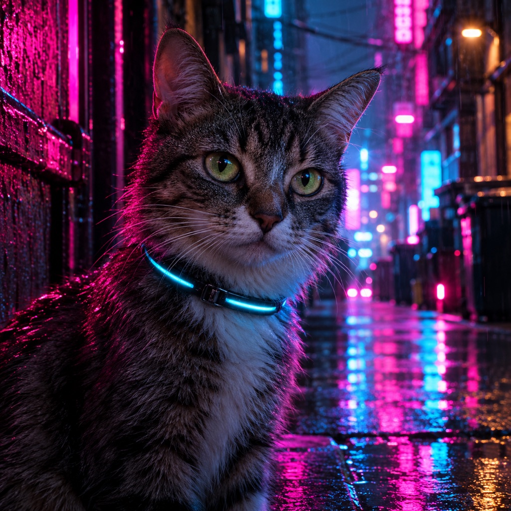 Cat portrait with neon cyberpunk lighting and a futuristic collar