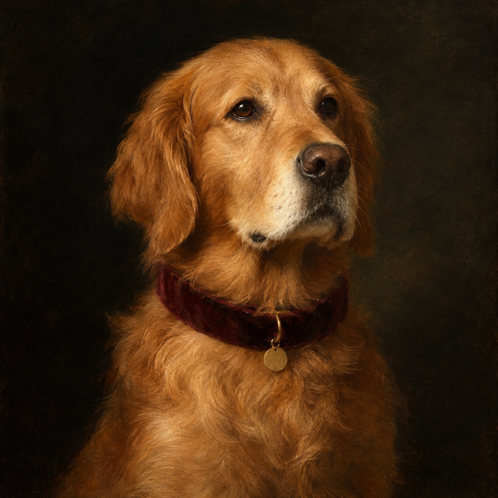 Pet portrait in the style of a royal oil painting with a velvet collar and dark background