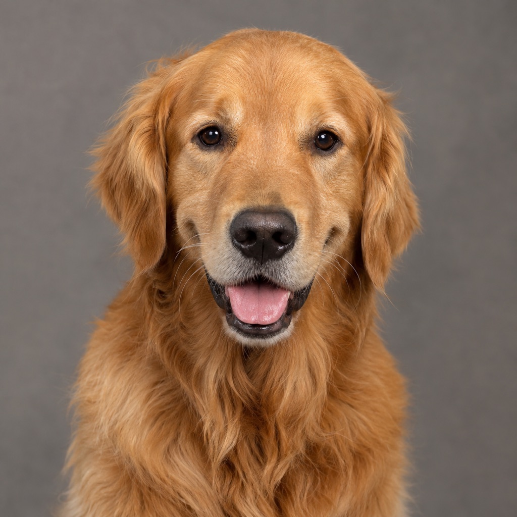 Professional studio pet headshot with soft lighting and a neutral background