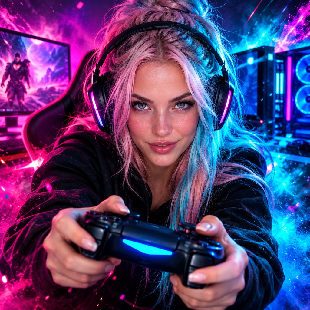 Gaming YouTube thumbnail background with neon lighting and a dramatic central subject