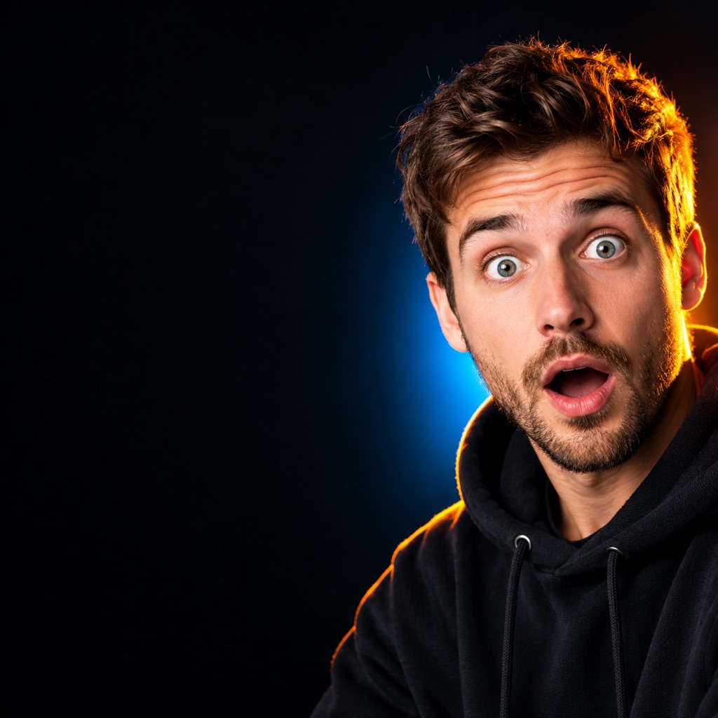 High-contrast YouTube thumbnail background with a surprised subject and clear copy space
