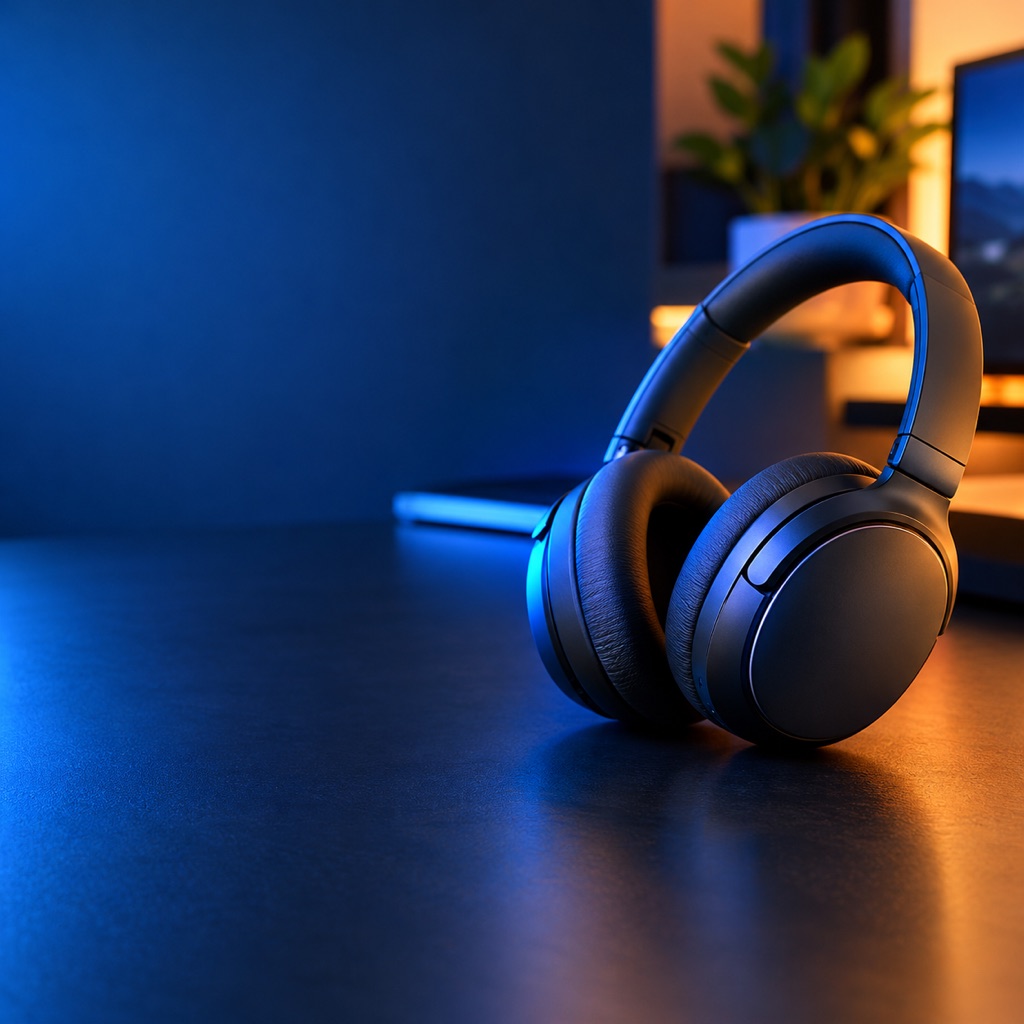 Tech review YouTube thumbnail background with a gadget on a desk and dramatic blue lighting
