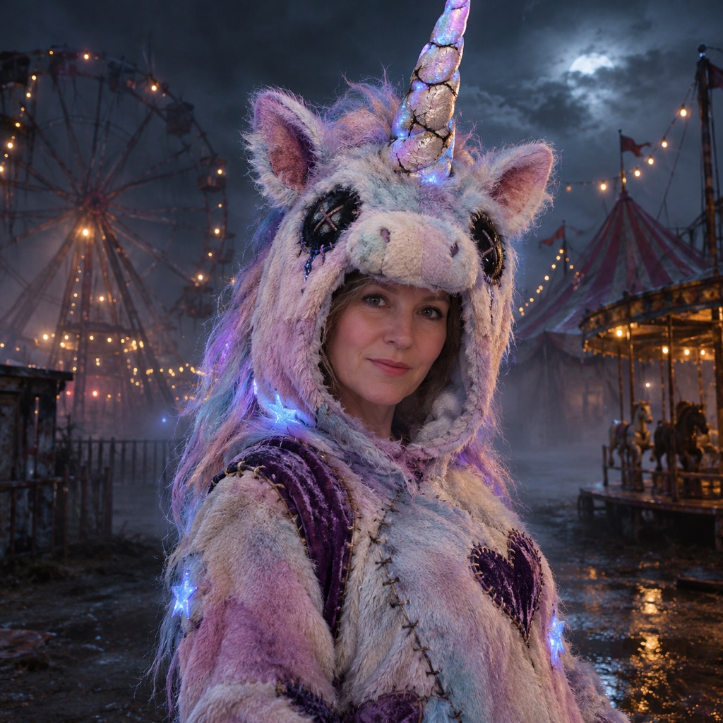 Original haunted unicorn mascot costume with a cracked iridescent horn and pastel fur hood