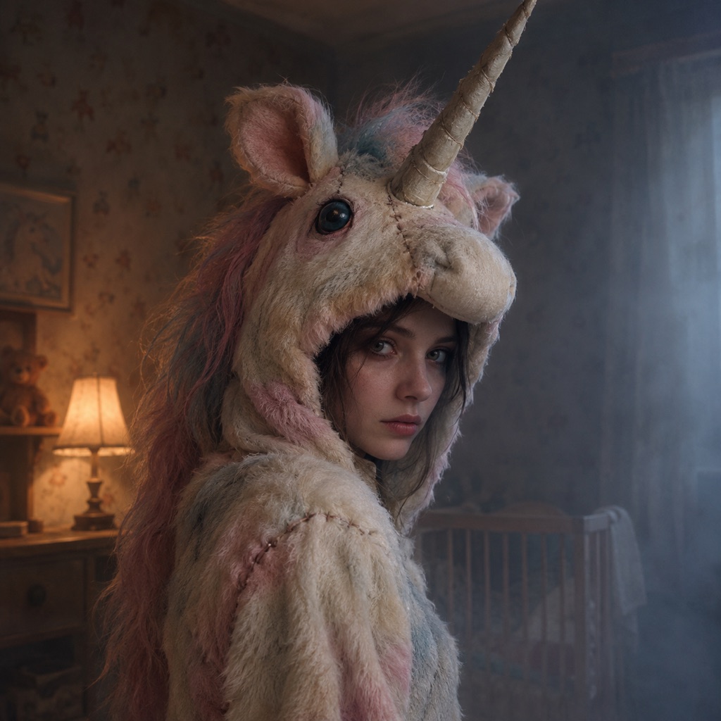 Soft pastel unicorn costume with subtle horror details in a dim nursery-like room